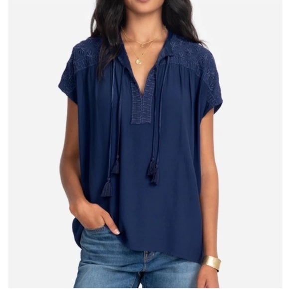 JOHNNY WAS CALMÉ Blue Short Sleeve Peasant Top with Tassels Size Small - Picture 2 of 10
